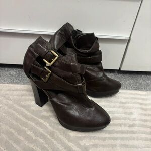 New Look Dark Brown Strappy Buckle High Heel Ankle Boots